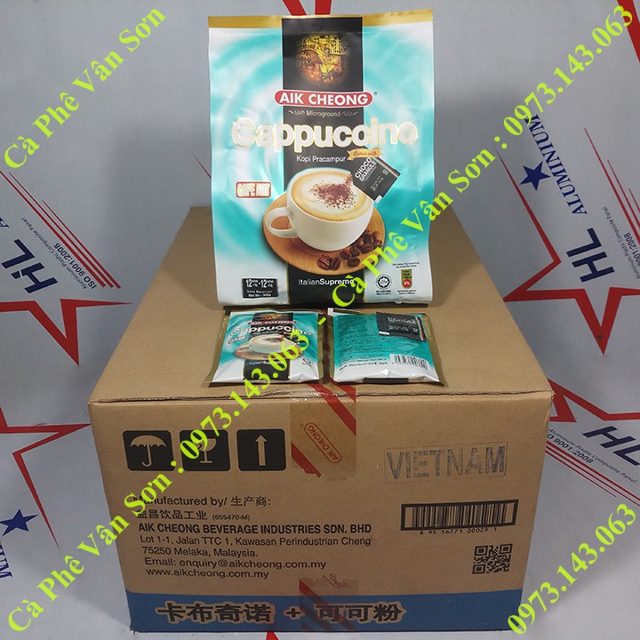 03 bịch Cà phê Cappuccino Aik Cheong 306g (12 gói * 25g) kèm gói Caocao nhỏ 0.5g