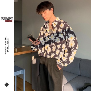 Áo sơ mi nam đẹp form rộng dài tay hàn quốc vải lụa cao cấp dáng dài họa tiết hoa cúc RevoltClothes S04