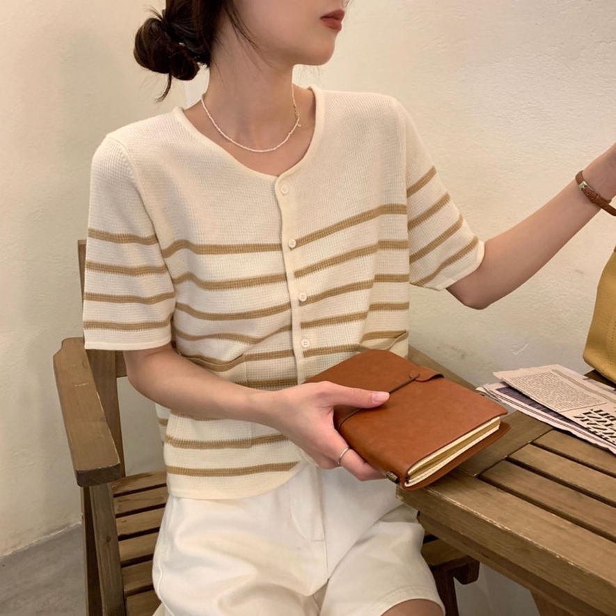 Áo cardigan dệt kim ZHELIHANGFEI tay ngắn cổ tròn họa tiết sọc đơn giản dễ thương