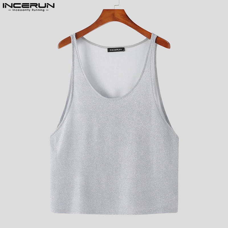 INCERUN Áo Ba Lỗ Cổ Chữ V Sáng Bóng Phong Cách Hippie Cho Nam