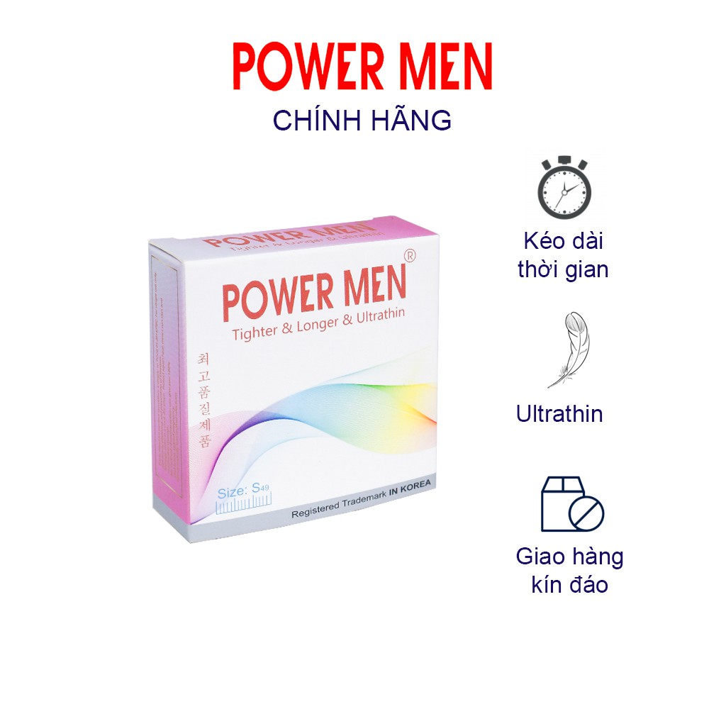 Bao cao su Powermen Tighter &amp; Longer &amp; Ultrathin Ôm sát Siêu mỏng, Kéo dài Hộp 3 chiếc (TSU3)