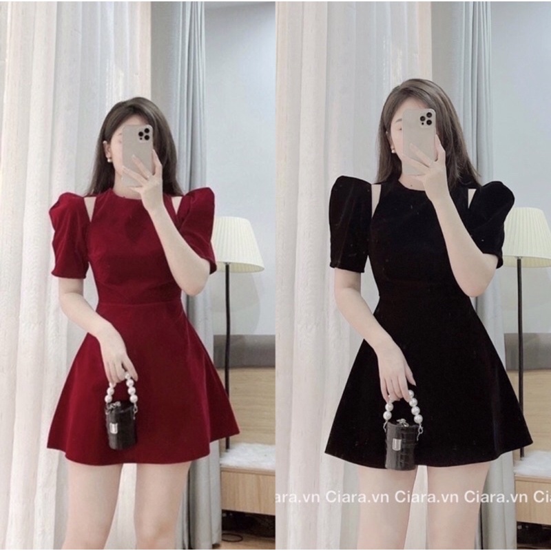 Váy nhung đen tay bồng khoét vai siêu xinh ( hàng có sẵn )