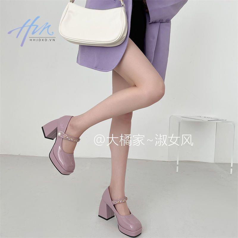 Giày Cao Gót Mũi Vuông Đế Dày Màu Tím Phong Cách Retro Pháp Thời Trang Mùa Xuân 2022 Mới Cho Nữ