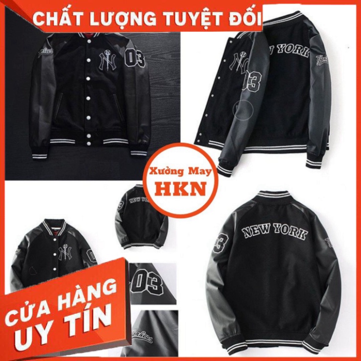 Áo Khoác Bomber Jacket Varsity Cardigan NY Nam Nữ Phối Tay Da Mã 306 Xưởng May HKN - HÀNG MỚI VỀ