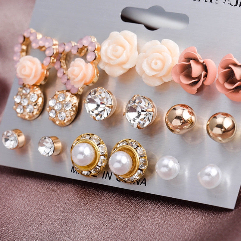 Set 9 đôi bông tai hoa hồng đính đá / ngọc trai giả thanh lịch