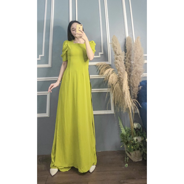 ÁO DÀI XANH CỐM CỔ VUÔNG TAY BỒNG