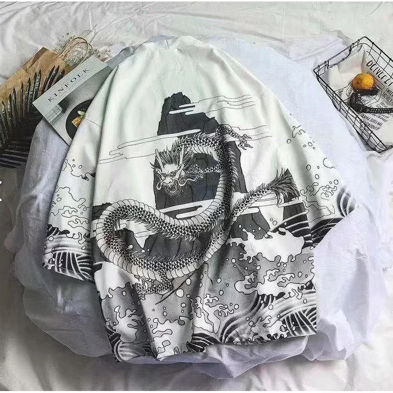 Áo Khoác Kimono Tay Lỡ Chất Lụa Lạnh Mỏng Dáng Rộng In Hình Rồng Phong Cách Trung Hoa Thời Trang Cho Cặp Đôi 2022