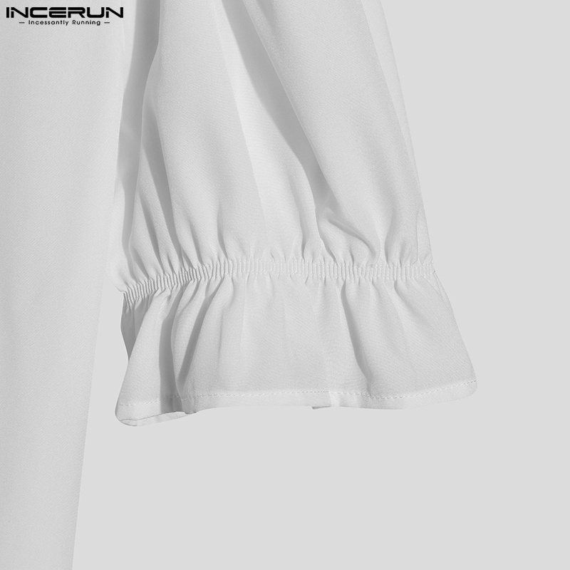 Áo sơ mi trắng INCERUN tay ngắn phồng cổ chữ v cài nút thanh lịch thời trang cho nam