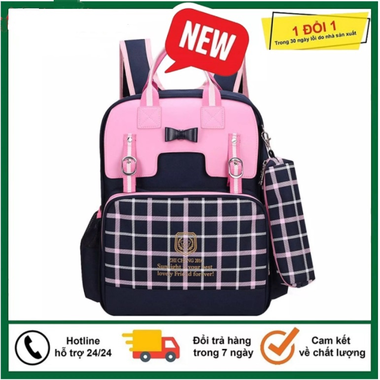 Balo chống gù học sinh 2 chi tiết kẻ phong cách Hàn Quốc, Balo học sinh cao cấp - Tặng kèm Túi đựng bút dành cho bé