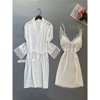 Set váy ngủ lụa và áo choàng ren cao cấp