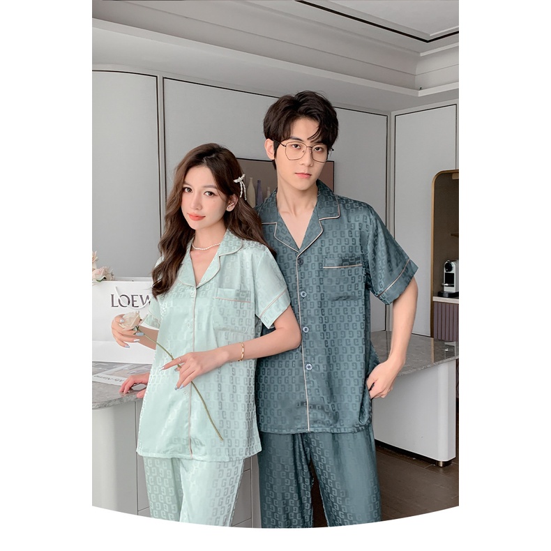 NG2255 Bộ pyjama đôi nam nữ ngắn tay phối họa tiết lụa Satin mềm mại, thoáng mát - Thời Trang Dương