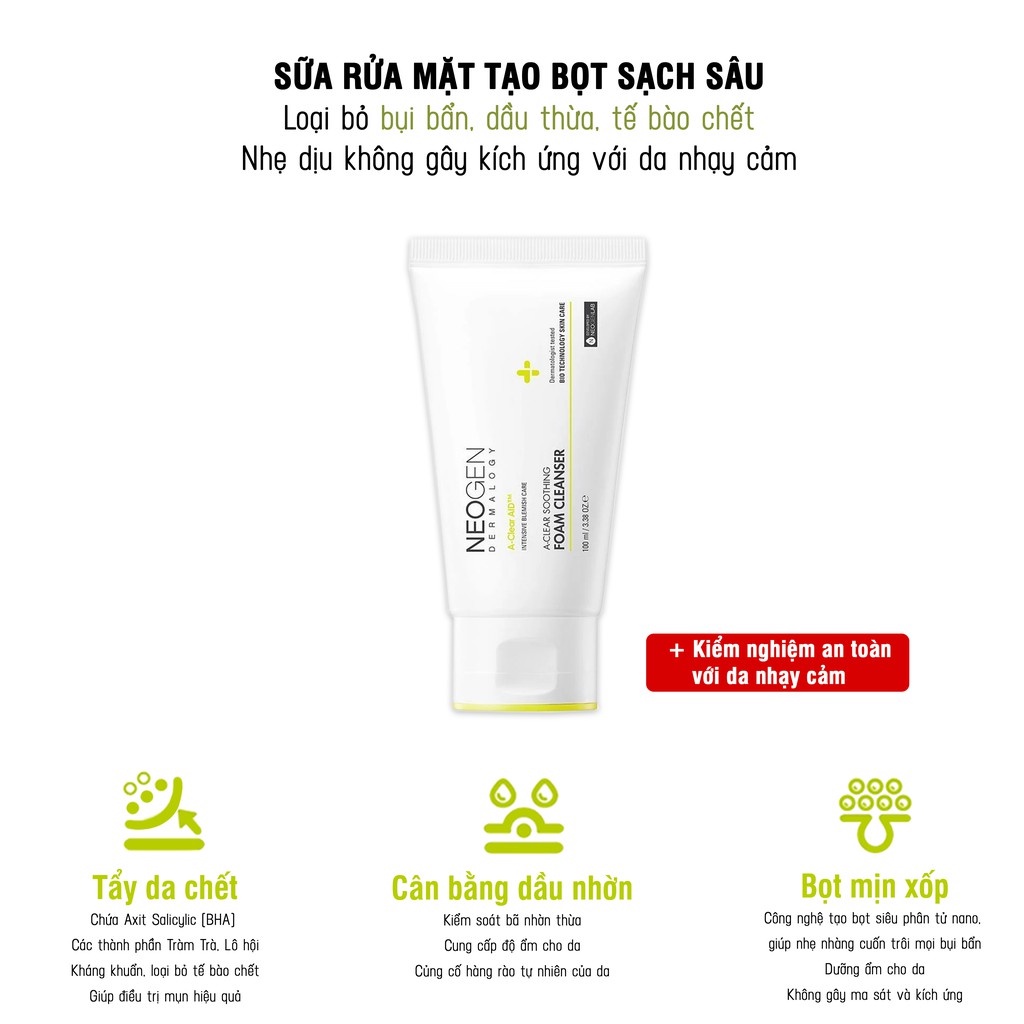 Sữa Rửa Mặt BHA Ngăn Ngừa Mụn và Giảm Nhờn Mụn Neogen Dermalogy A-Clear Soothing Foam Cleanser 100ml Bulsan Beauty