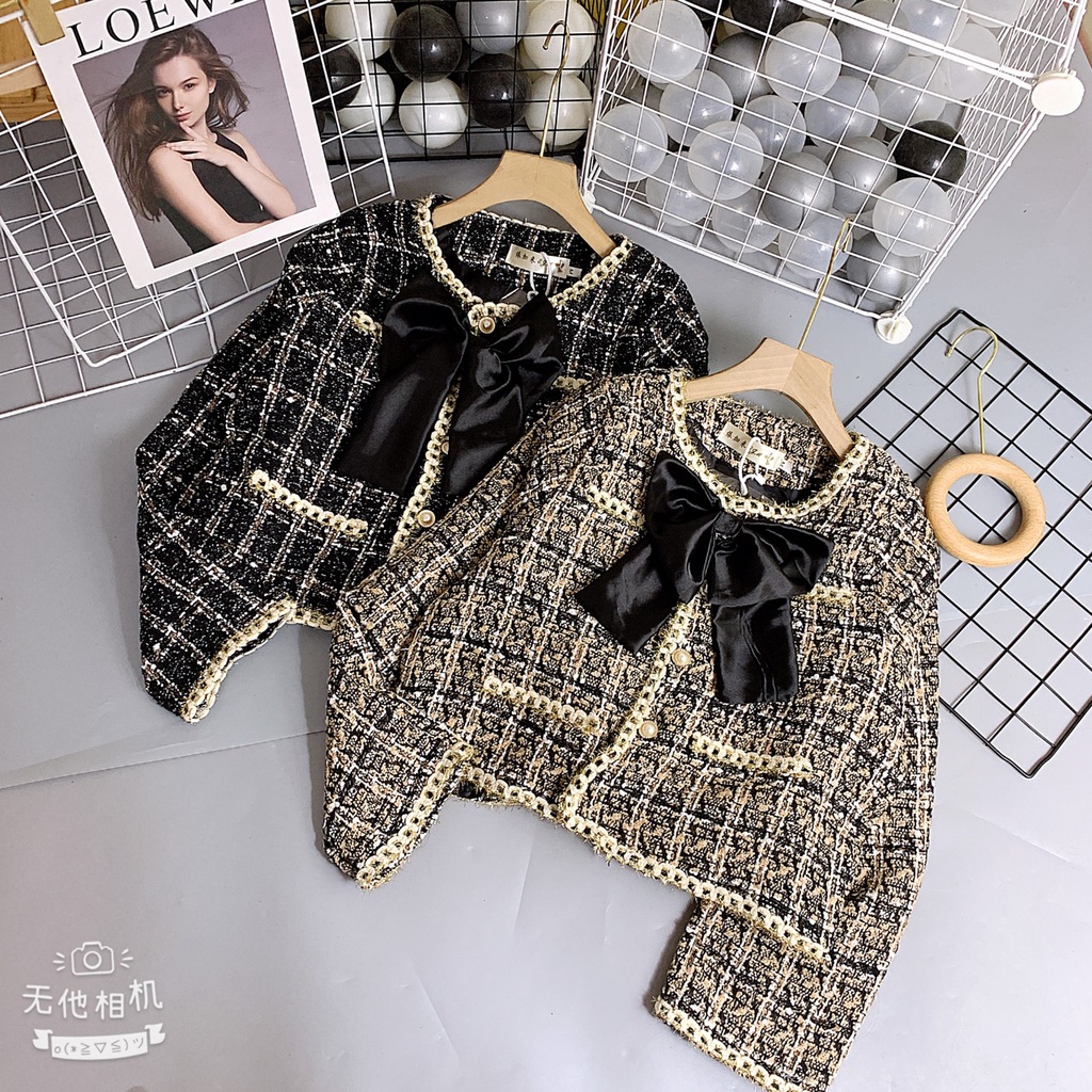Áo dạ kẻ Tweed kèm nơ 2 màu siêu xinh