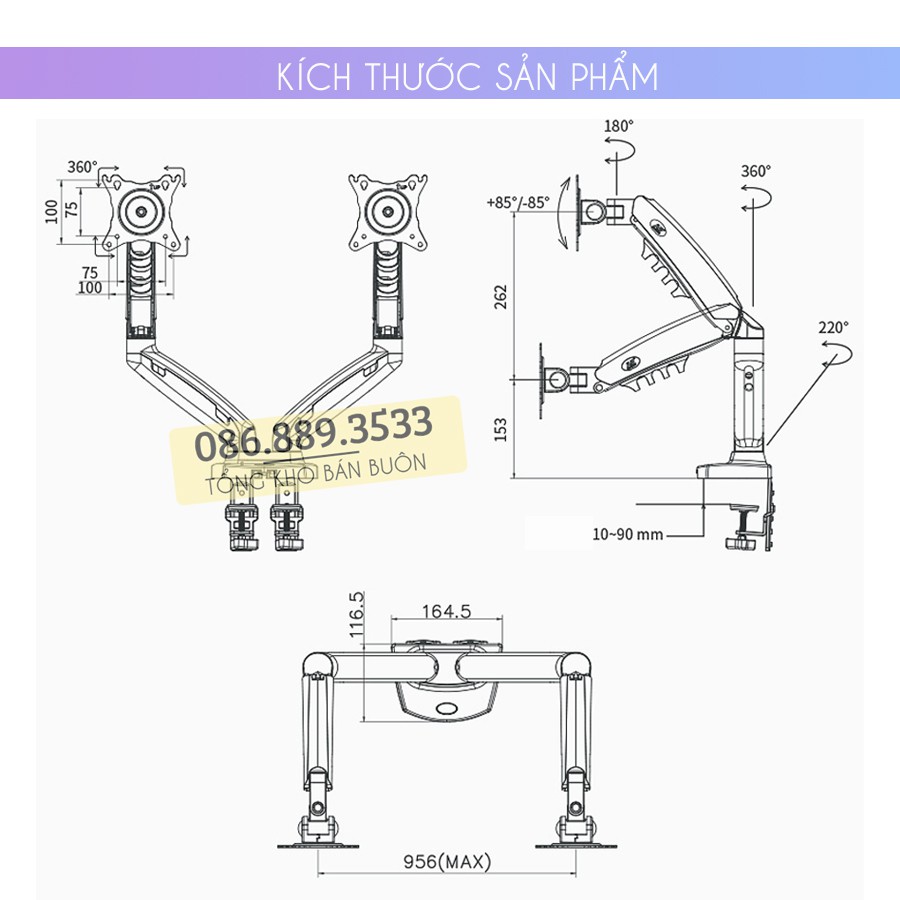 NB F160 / Giá Treo 2 Màn Hình 17 - 27 Inch - Giá Treo Hai Màn Hình F160 Xoay 360 Độ [ Rẻ Hơn NB H180 ]