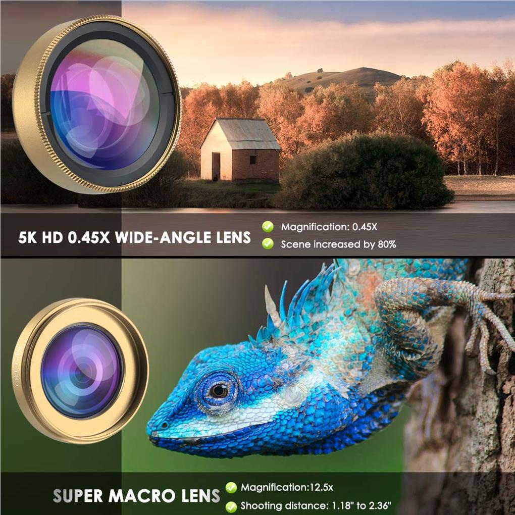 Ống Kính Góc Rộng 2 Trong 1 0 45X + 12 5X Macro Cho Điện Thoại