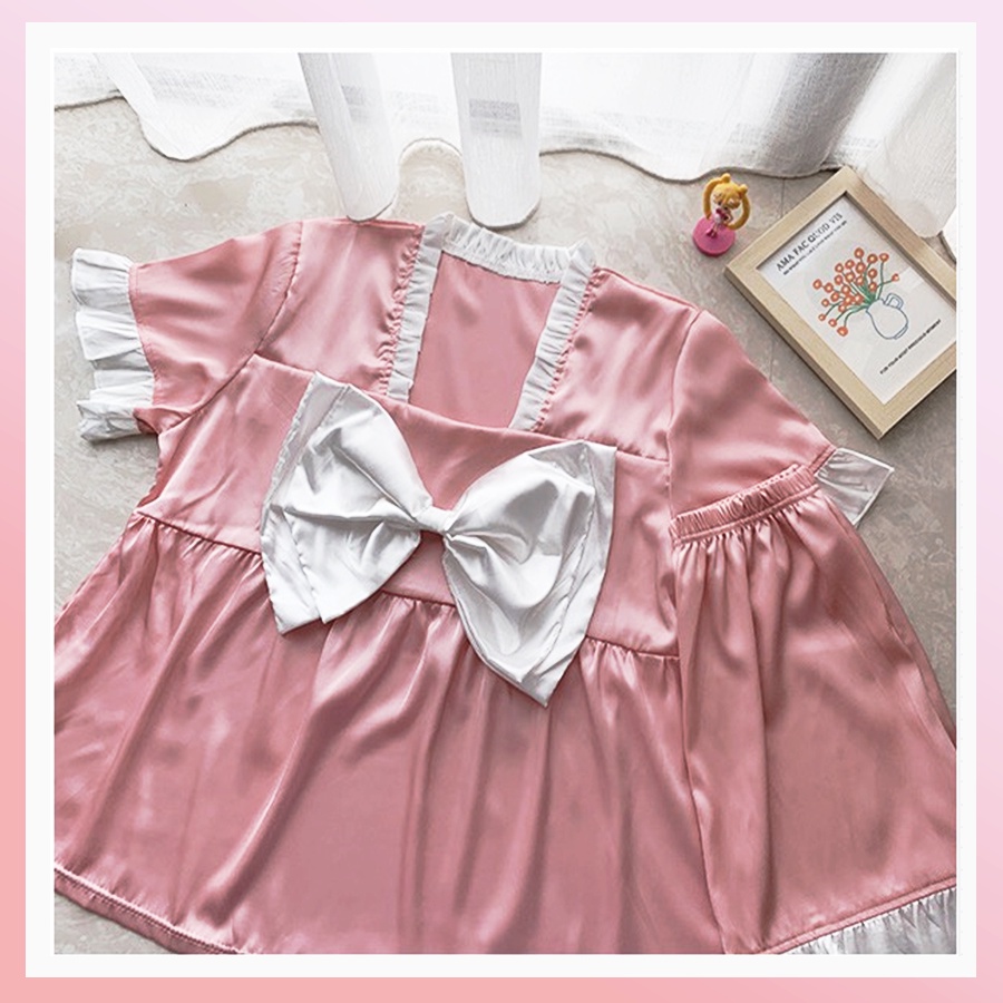 Đồ bộ nữ dễ thương tiểu thư nơ ngực mặc nhà cao cấp tay cộc quần cộc cho mùa hè chất lụa mềm mịn BC19