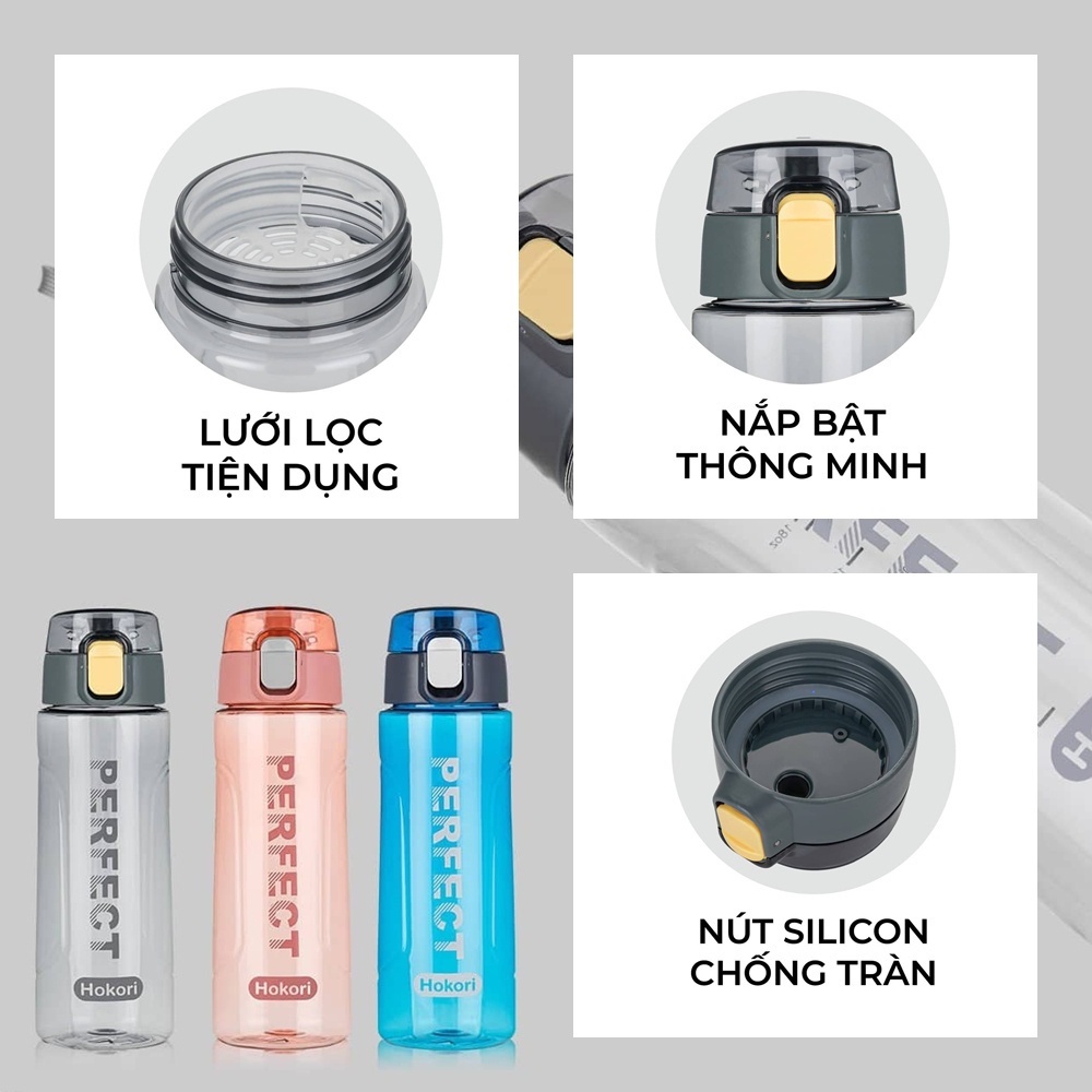 Bình nước thể thao 700ml Hokori Perfect thời thượng cao cấp nắp bật chống tràn có dây xách tiện dụng