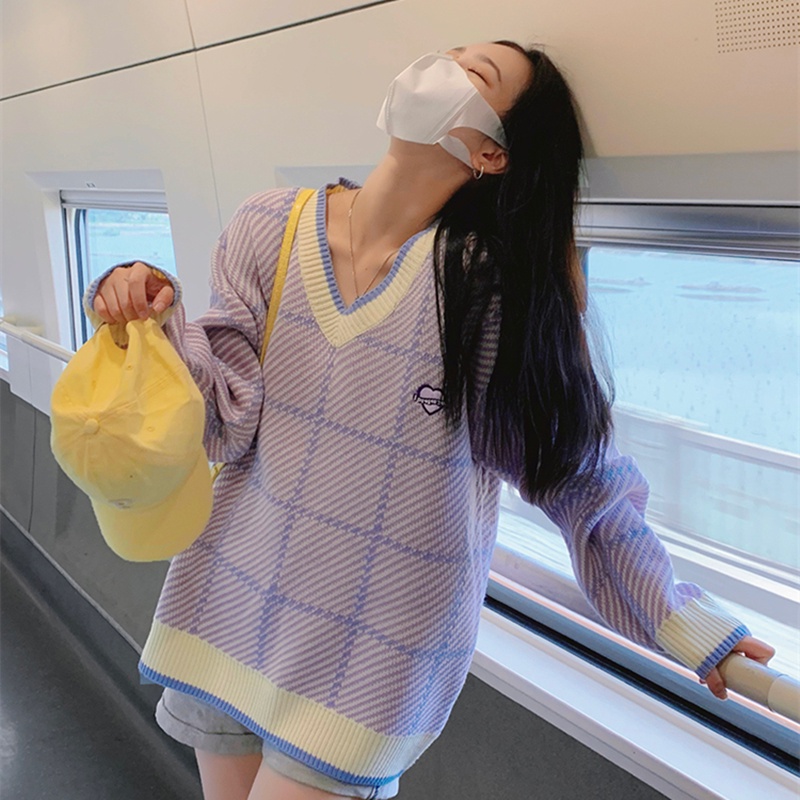 Áo sweater SUXI dệt kim cổ v dáng rộng kẻ sọc kiểu vintage thời trang mùa thu cho nữ