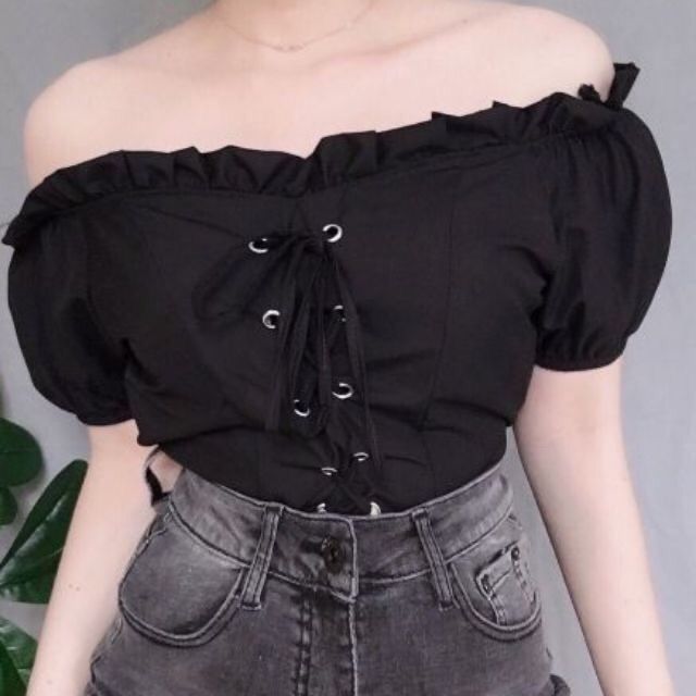 Áo croptop bệt vai đan dây (ảnh thật)
