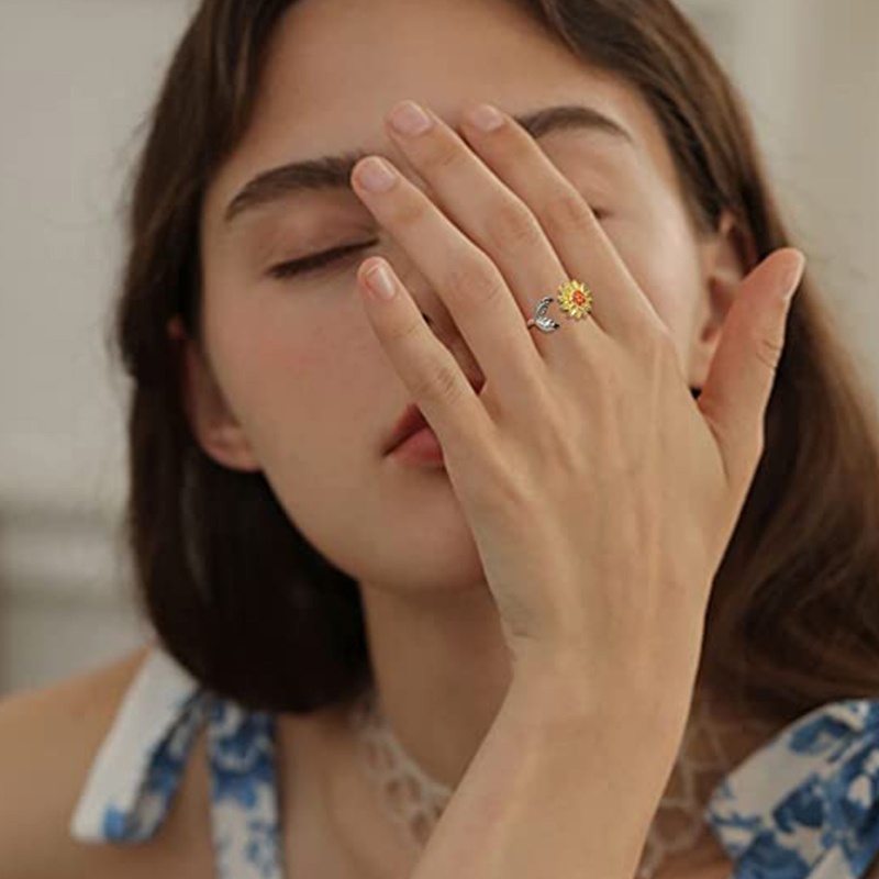 Nhẫn Xoay Hình Hoa Hướng Dương Màu Bạc Sáng Tạo Thời Trang Có Thể Điều Chỉnh Cho Nữ