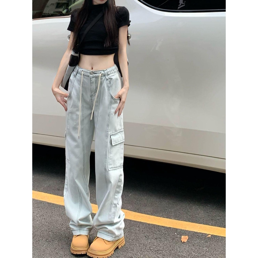 Quần Yếm Jean Lưng Cao Ống Rộng Phối Dây Rút Phong Cách Retro Mỹ Mùa Hè Kiểu Mới Dễ Phối Đồ Cho Nữ
