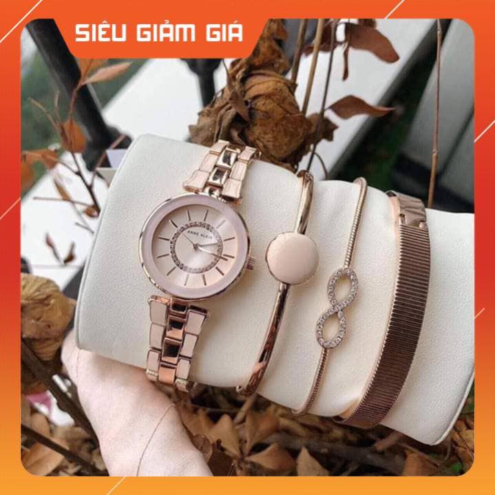 [New 2021] Set đồng hồ nữ Anne Klein AK/3286LPST hồng kèm 3 vòng đính đá Swarovski Full Box ⚜️Hàng Authentic⚜️