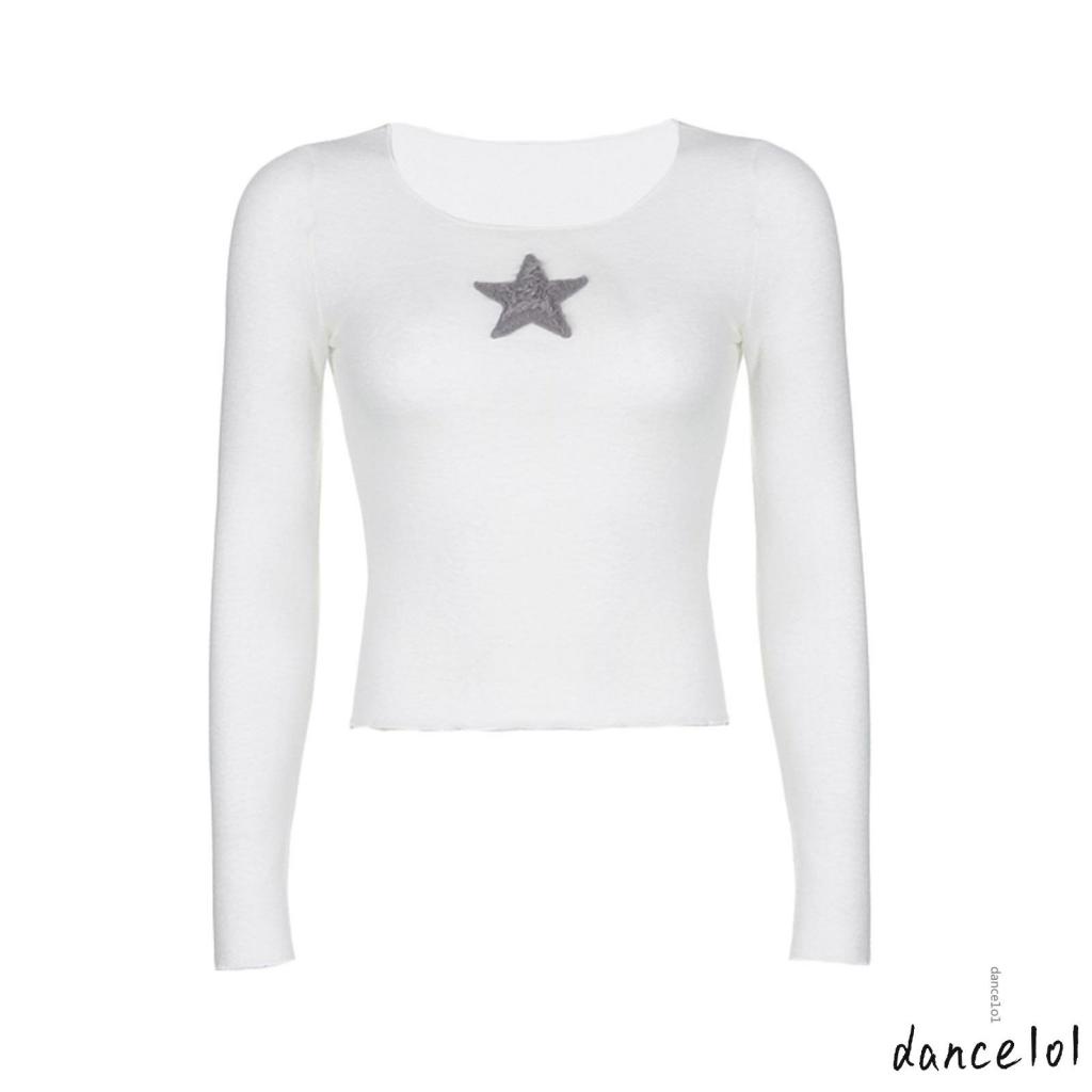 Áo Thun Tay Dài Cổ Tròn Thêu Ngôi Sao Nhảy Múa 1O1 Y2k