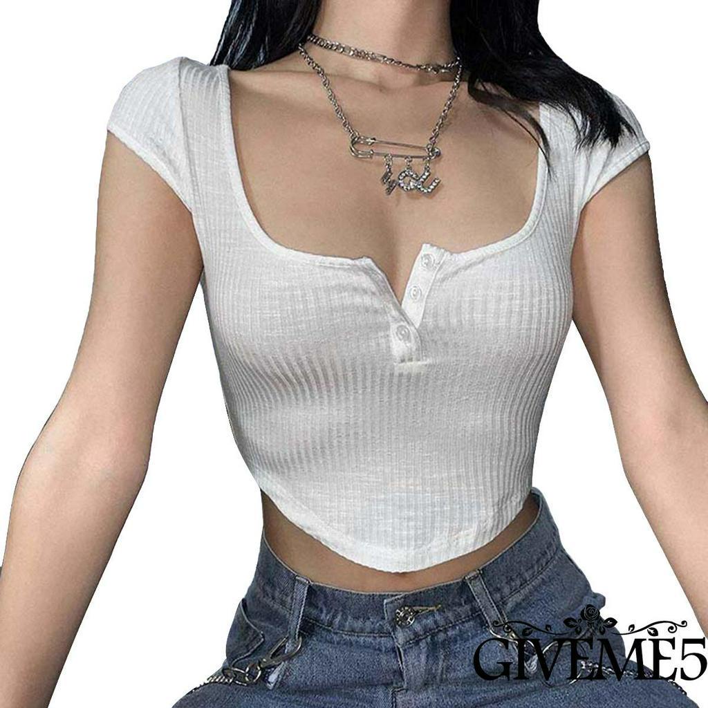 Áo Lửng Ngắn Tay Đính Nút Gợi Cảm Cho Nữ