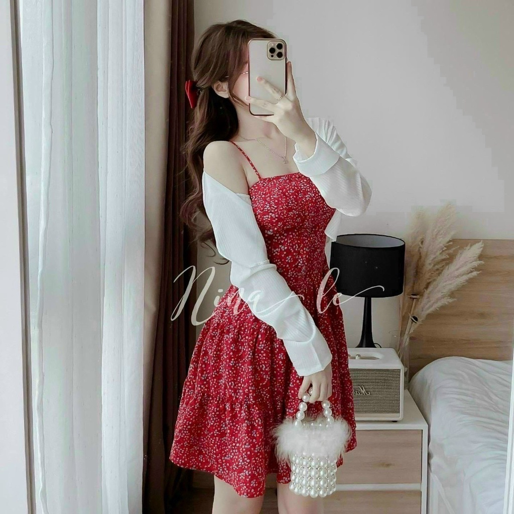Đầm Nữ Thời Trang Mặc Đi Chơi, Đầm Lụa Hoa Đỏ Hai Dây Xếp Ly Có Mút Kèm Áo Khoác Gân Xinh Xắn
