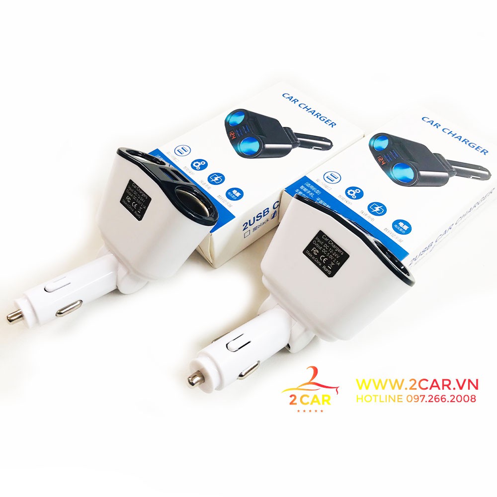 Bộ chia nguồn sạc ô tô, tẩu 2 lỗ tròn 2 cổng USB, gập được