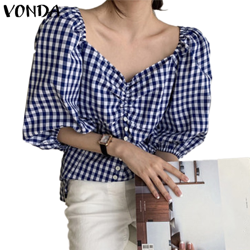 Áo kiểu VONDA tay phồng 3/4 cổ vuông xếp ly sọc caro thời trang Hàn Quốc cho nữ