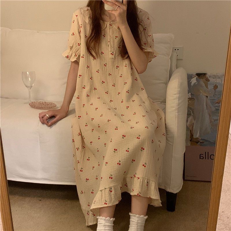 Váy ngủ - đầm dài qua gối vải xô muslin cao cấp mềm mại, tay ngắn phồng đáng yêu, họa tiết xinh xắn