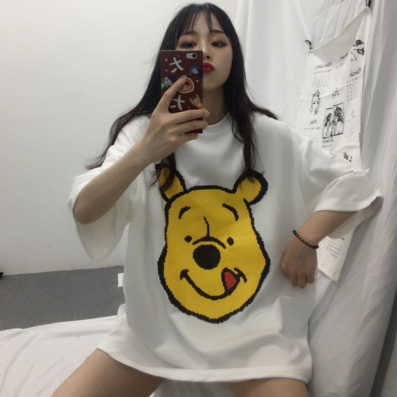 Korean Version Women's Loose T-shirts 2020 Summer Plus Size Student Fashion Short Sleeve All-Fit Cartoon Print Trendy Top