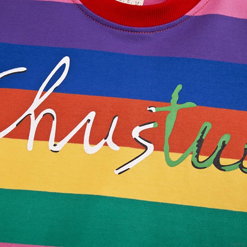 Set áo thun cổ tròn dài tay in hình cầu vồng + quần ngắn cho bé gái