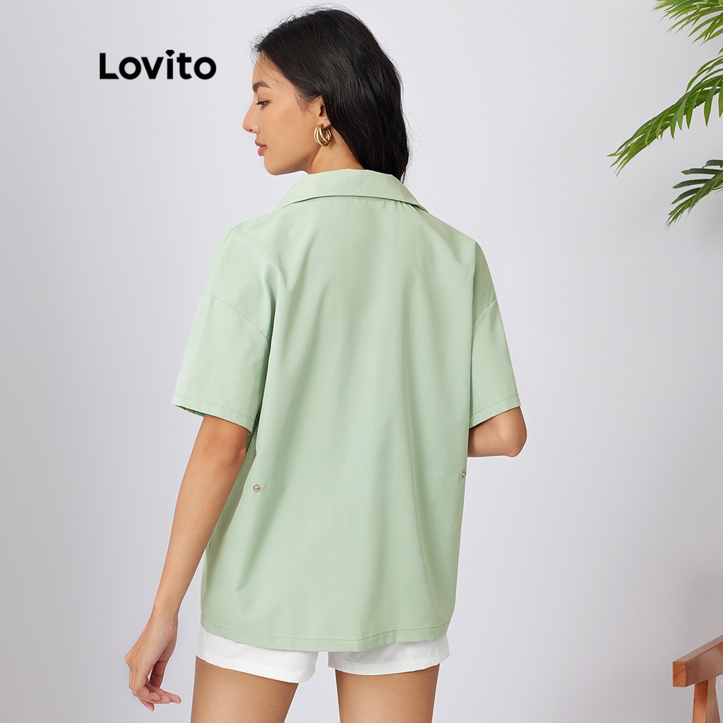 Lovito Nút trơn thông thường Cổ áo màu xanh lá cây nhạt L21AS001 (Màu xanh lá cây nhạt)
