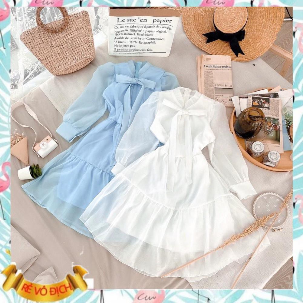 Đầm công sở trắng xanh nơ ngực tơ tầng xinh xắn - Moly dress | BigBuy360 - bigbuy360.vn