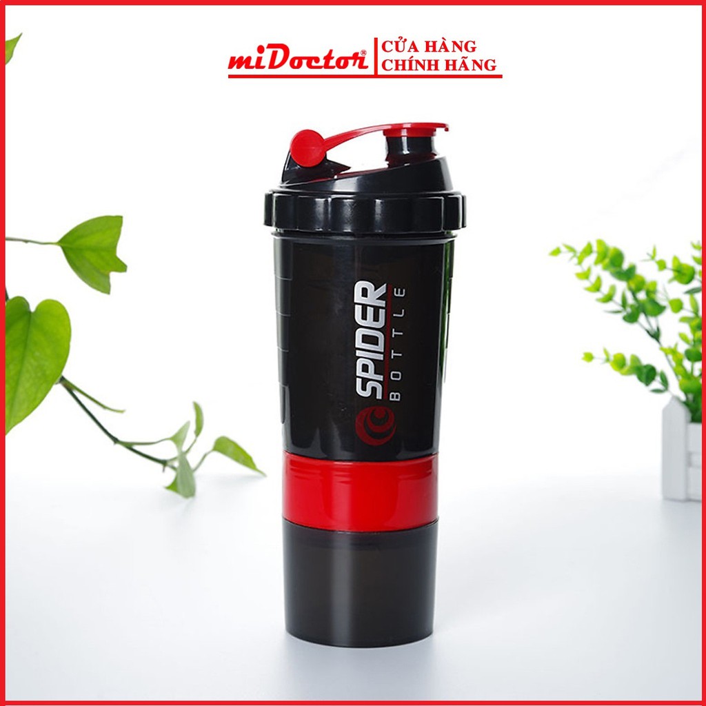 [Màu Xanh Lá] Bình nước tập gym shaker - chính hãng miDoctor, bình lắc 3 ngăn, có lò xo ở bên trong, sử dụng tập gym