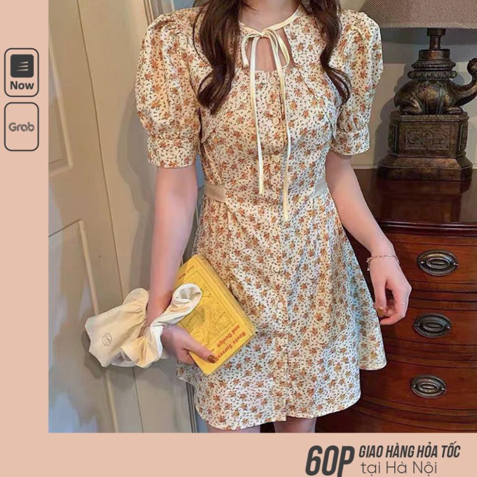 Váy JISOO Ngắn Tay Họa Tiết Hoa Nhí Cột Nơ/ Đầm Xòe Tay Bồng Dáng Ngắn Chữ A Thắt Eo Dễ Thương V00145 ྇