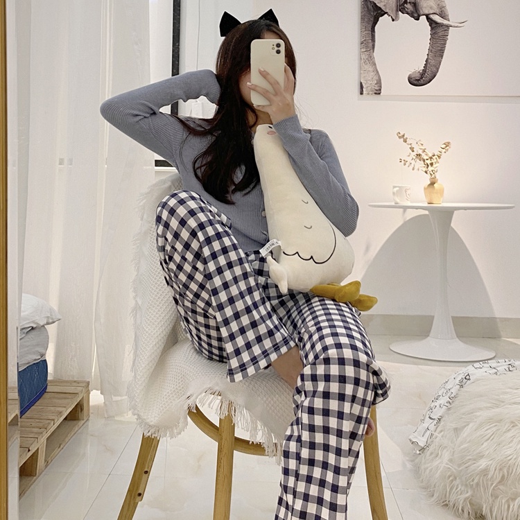 Quần Ngủ Cotton Dáng Rộng Họa Tiết Sọc Caro Phong Cách Hàn Quốc Thời Trang Cho Nữ | BigBuy360 - bigbuy360.vn