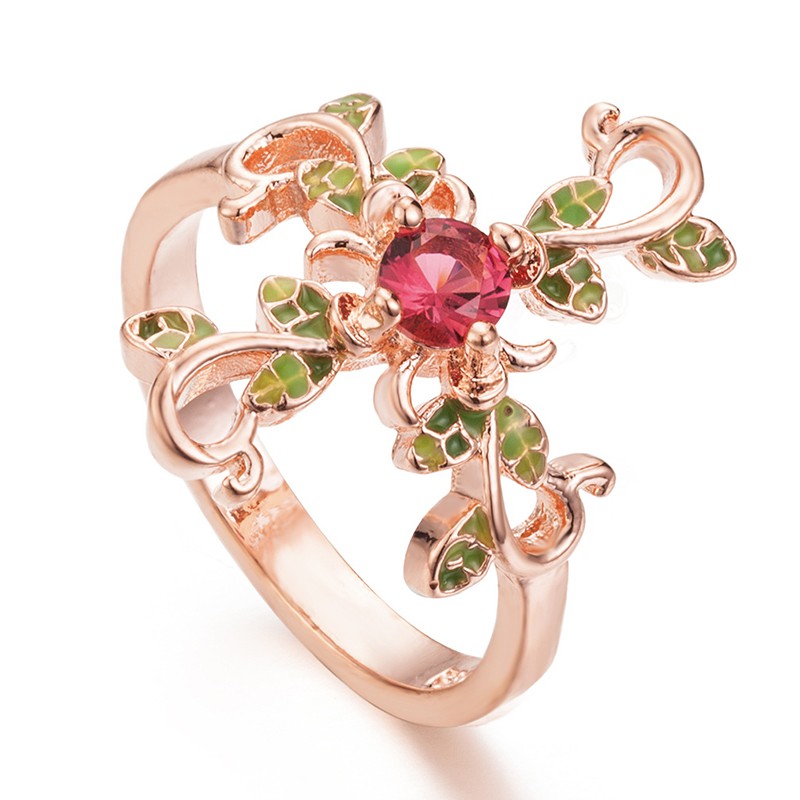Aifei Jewellery Women Ring Cross Flower Mosaic Diamond 925 Sterling Silver 18K Rose Gold Plating R1301