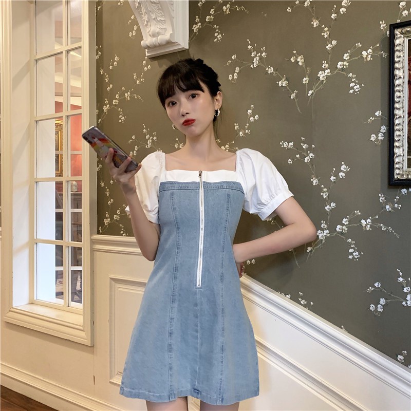 Đầm Denim Cổ Vuông Dáng Chữ A Thiết Kế Mỏng Xinh Xắn Thời Trang