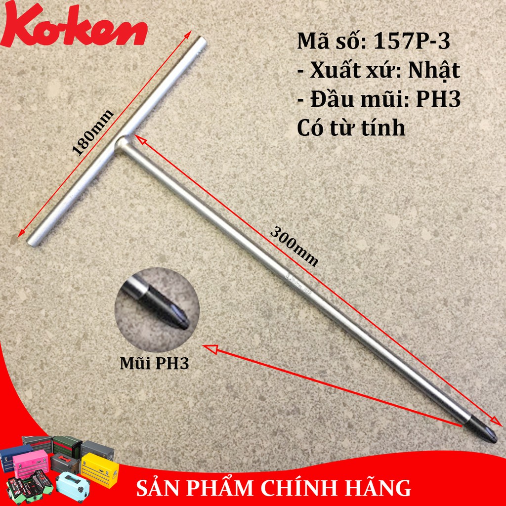 Tay vặn chữ T đầu tô vít 4 cạnh, Tua vít chữ T mũi PH3 Koken Nhật mã 157P-3 chiều dài 300mm