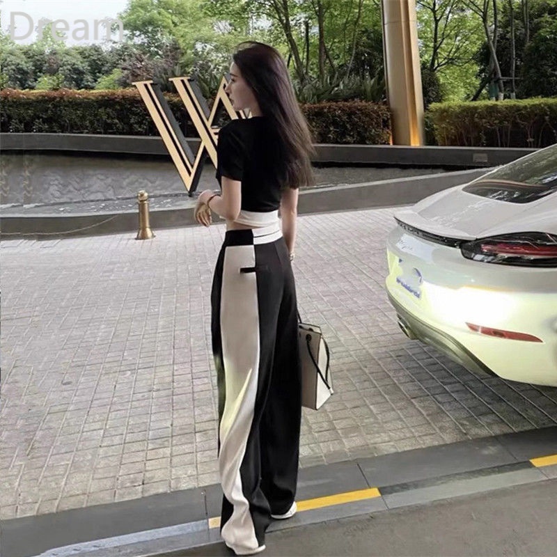 Bộ Đồ Thể Thao Áo Thun Ngắn Tay + Quần Ống Rộng Phong Cách Phương Tây Thời Trang Cho Nữ