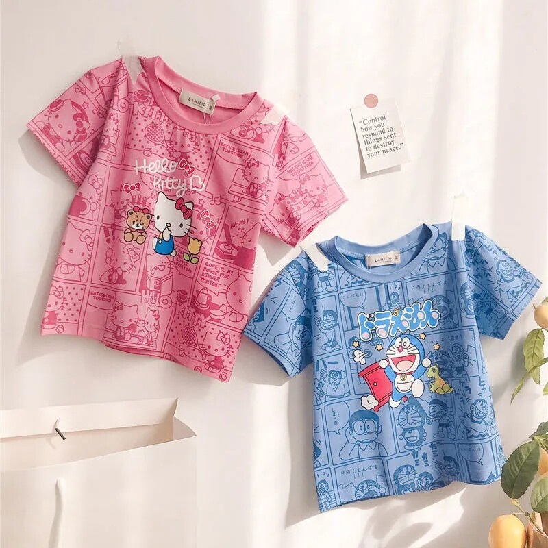 Áo Thun 100% Cotton In Hoạ Tiết Hoạt Hình Doraemon Thời Trang Mùa Hè Phong Cách Hàn Quốc Cho Bé 3-7 Tuổi