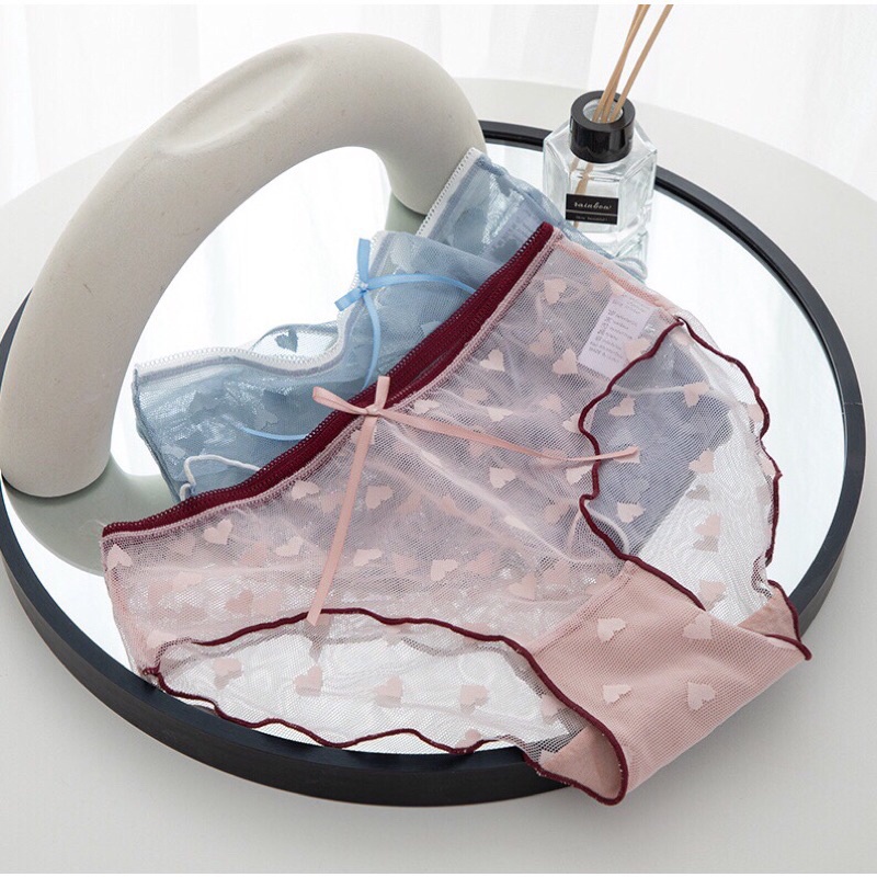 Quần lót nữ ren lưới thêu tim sexy quyến rũ viền may bo gợi cảm size L XL bigsize T31