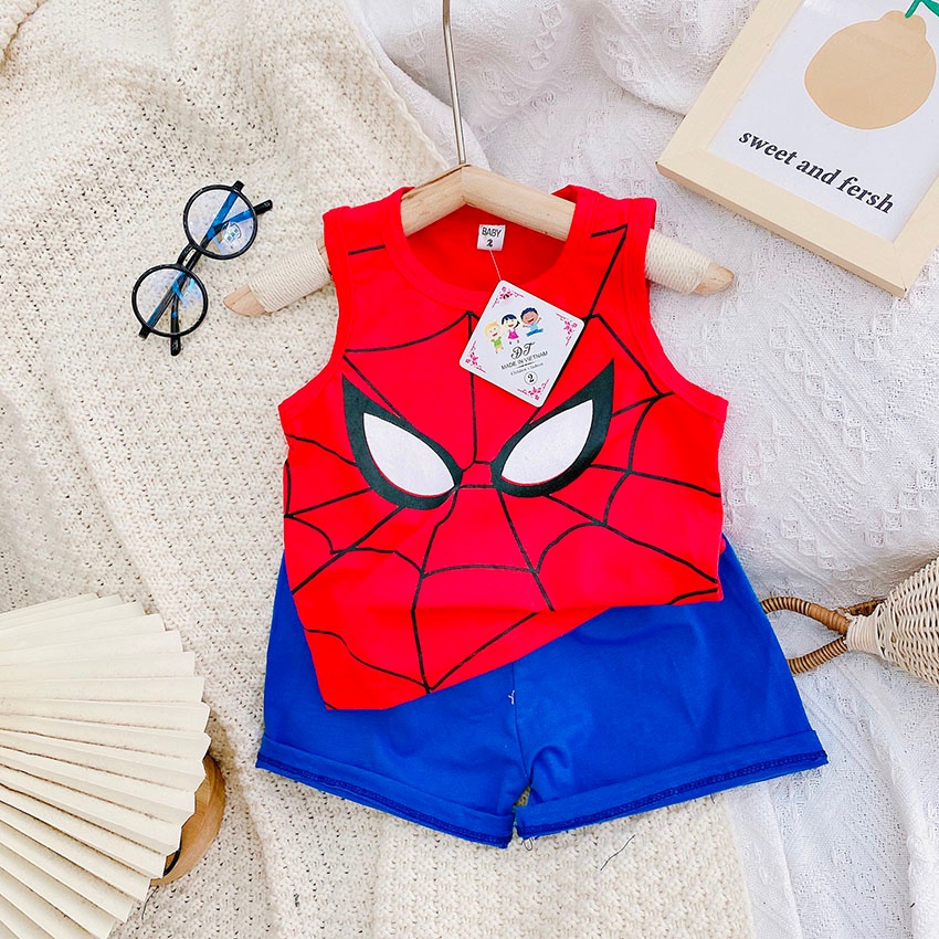 Bộ Quần Áo BA LỖ In Hình Người Nhện - Marvel Vải Coton Sang Chảnh Cho Bé Từ 7-19kg