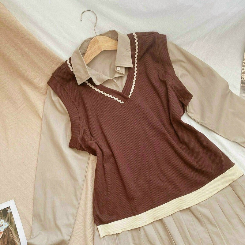 11g- Set đầm sơ mi đuôi cá và áo gile nâu