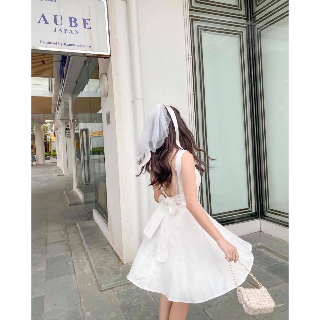 [có ảnh thật] Đầm nữ trắng dạo phố dự tiệc cưới cột nơ lưng siêu dễ thương | BigBuy360 - bigbuy360.vn