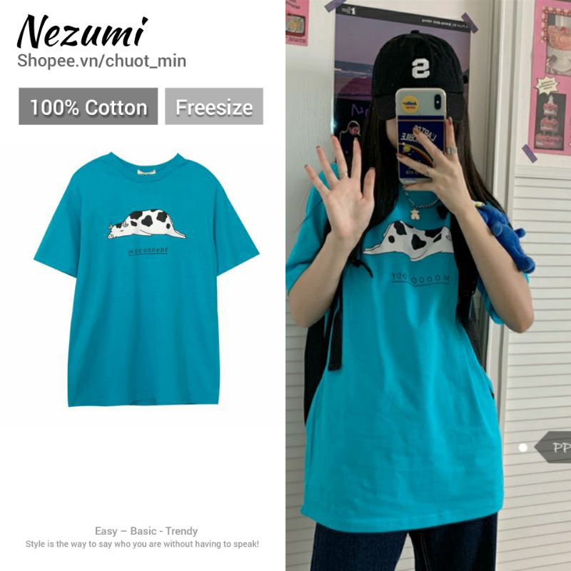 Áo thun 100% cotton unisex nam nữ - Áo phông tay lỡ bò sữa xanh dương