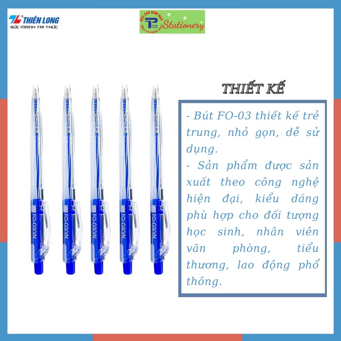 Bút bi FO03 Thiên Long, ngòi 0,5mm, viết trơn, mực đều màu xanh đen đỏ, hàng chính hãng Flexoffice- Thiên Long